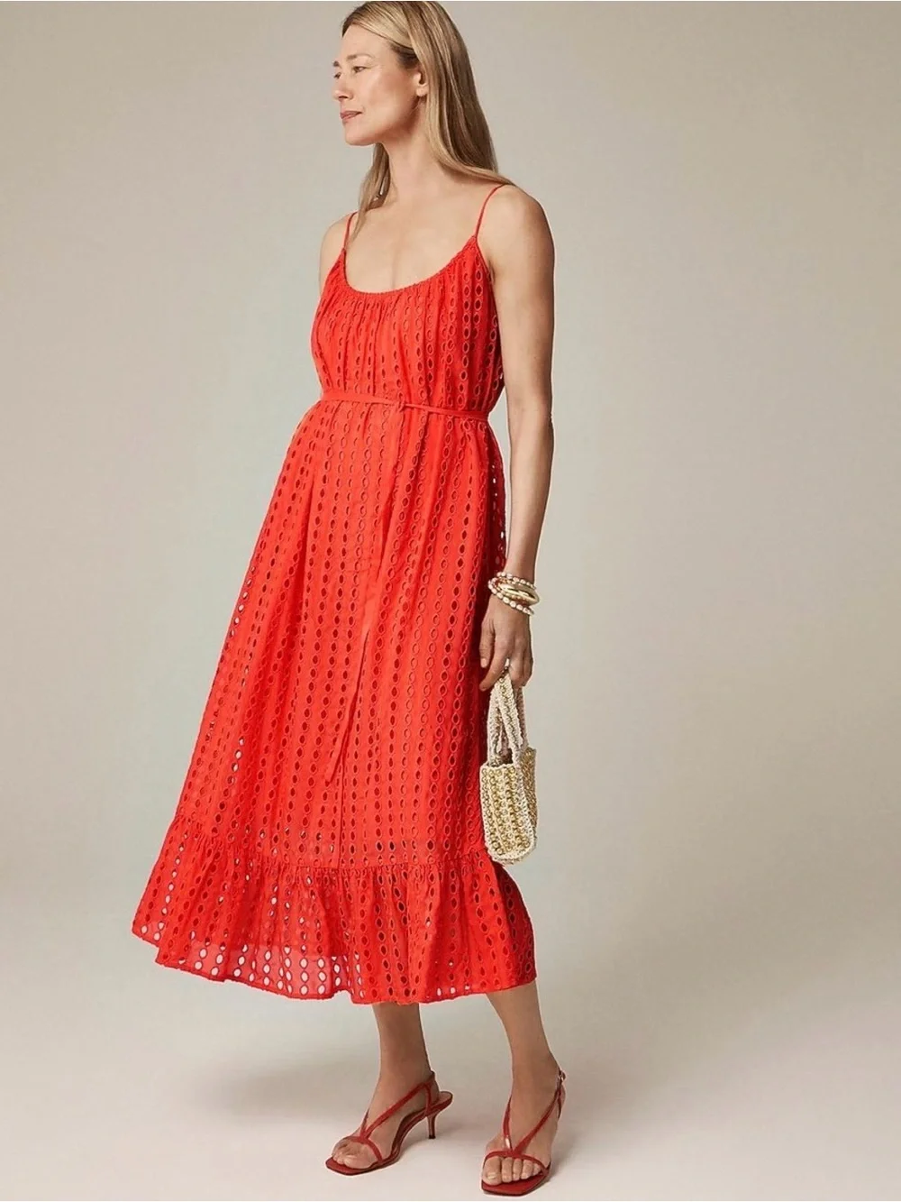 J. Crew Coral Eyelet Maxi Skirt with Ruffle Hem